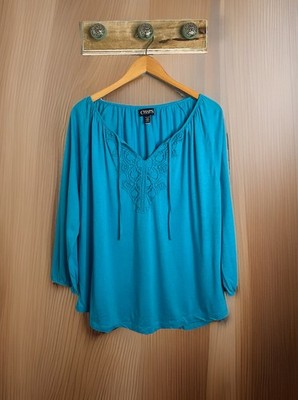 Chaps Women Pull Over Turquoise Blue Design 3/4 Sleeve Blouse Sz XL