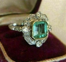 Art Deco 4.10 Ct Natural Green Emerald Antique Vintage Ring 14K White Gold Over