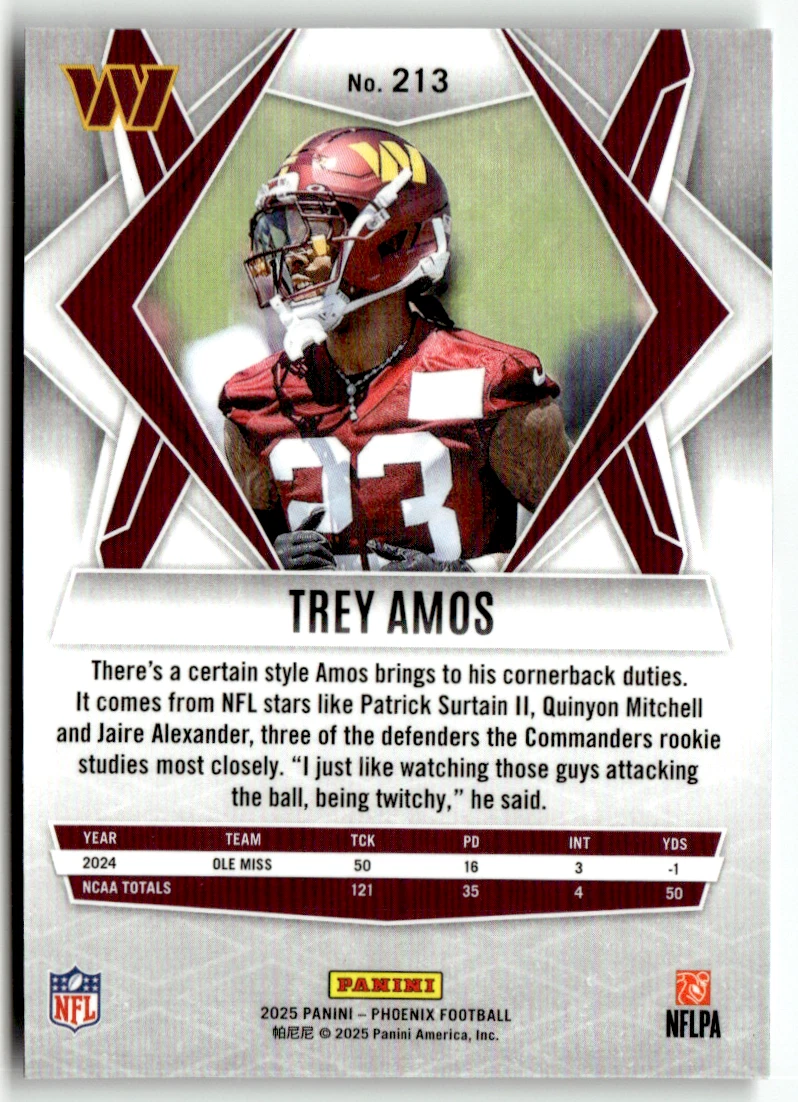 Panini Phoenix NFL 2025 No. 213 Trey Amos Rookie Base Carta De Fútbol