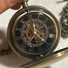 Men's Pocket Watch Mechanical Black Steampunk Skeleton Retro Chain Luxury Dial