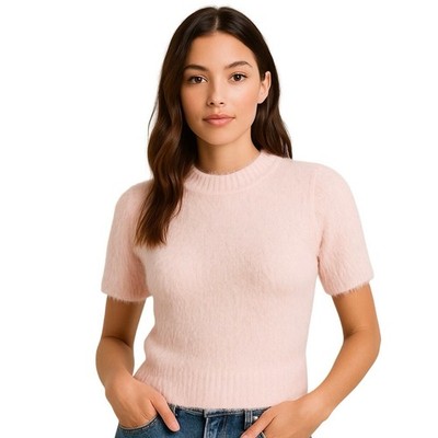 Minkpink Pink Fuzzy Knit Sweater Top Size M Short Sleeve Soft Cozy