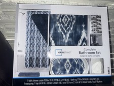 Bathroom Set with Shower Curtain, Bath Mat, and Towel Hooks