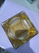 Vintage Mid Century Square Yellow Amber Ashtray Glass Heavy Retro Cigar 6 inch