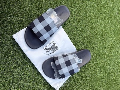 Burberry Men s Check Logo Slide Sandals Black/Gray Slip-On US 10 EU 44