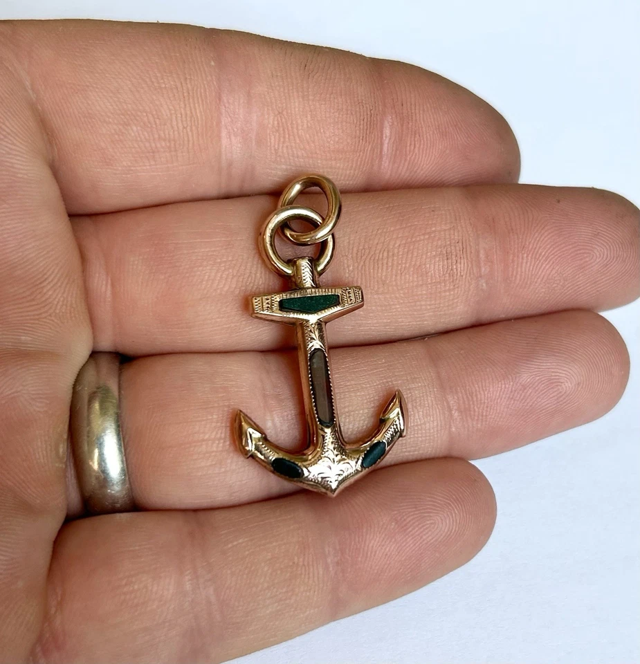 Colgante Ancla Victoriano Oro 9ct/Ágata Escocesa Antiguo Circa 1880 🔴🔵🟡 Foto 2 de 4