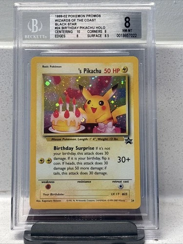 2000 Pokemon Black Star Promo Birthday Pikachu Holo. #24 NM Mint, PSA 8
