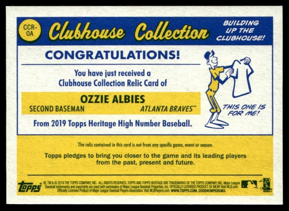 2019 Topps Heritage Clubhouse Collection Relics Ozzie Albies Jersey 1 color - Image 2 of 2