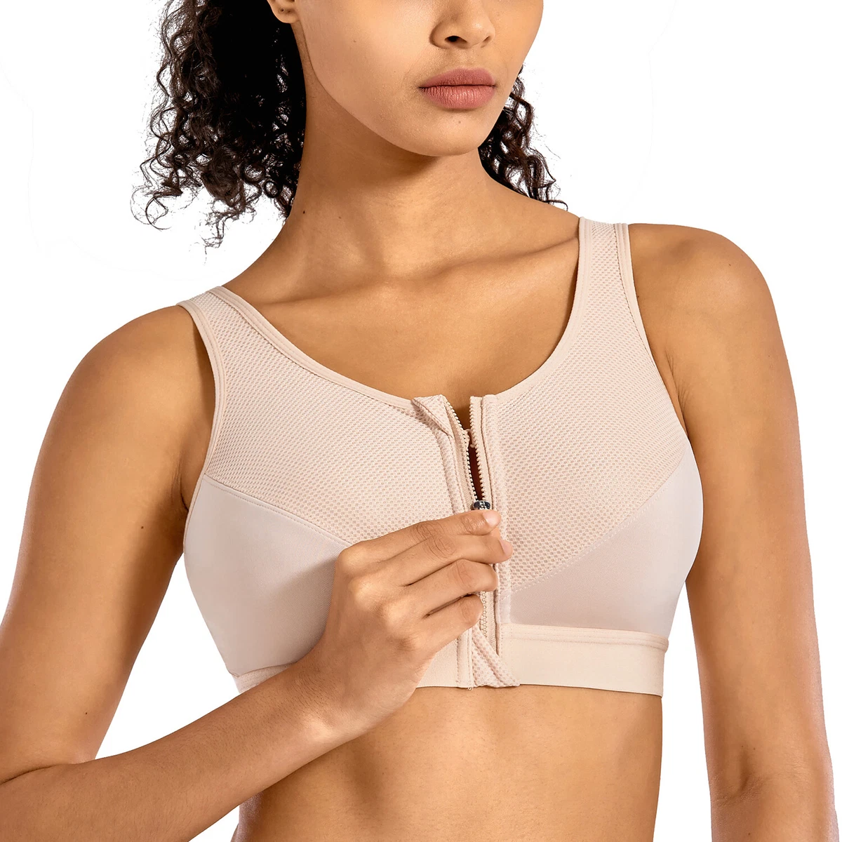 Women's Sports Bra High Impact Zipper Front Wire Free Cross Back