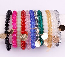 Women 8mm Glass Beads Bracelets with Hammered Disc Crystal Bead Stretch Bracelet