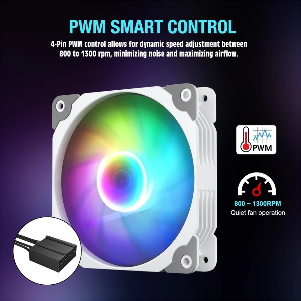 Vetroo 3-Pack White Computer Case Fans 120mm Address RGB & PWM Cooling Fans - Image 2 of 4