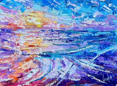 Nature Coastal Sunset Seascape Ocean Oil Painting on Canvas Board Size 9x12 Inch