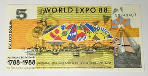 Australia Banknote WORLD EXPO Brisbane 88 Five Expo Dollars Bicentenary Colorful