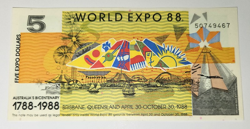 Australia Banknote WORLD EXPO Brisbane 88 Five Expo Dollars Bicentenary Colorful