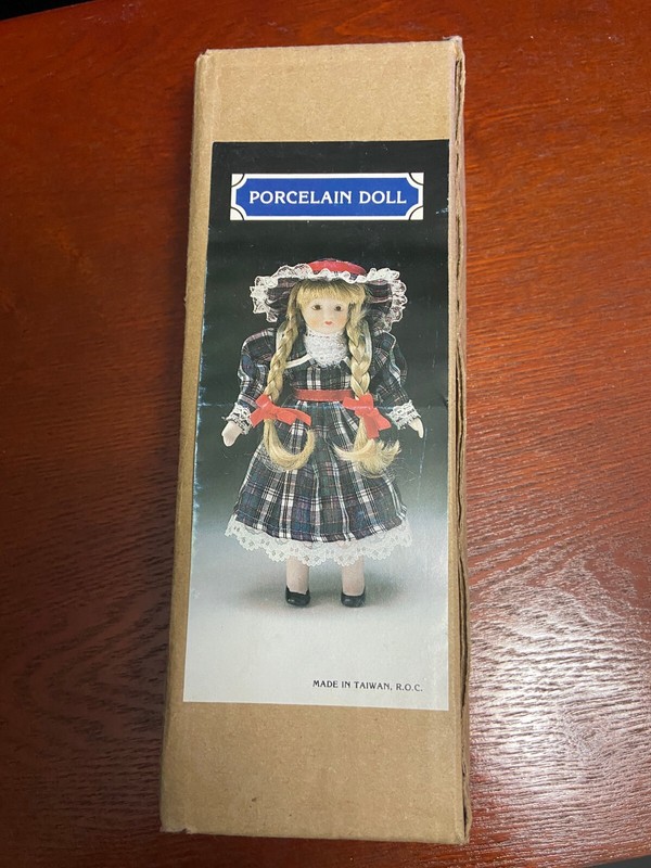 **Vintage Porcelain Doll – Plaid Dress with Braids – Made in Taiwan R.O.C. (Item