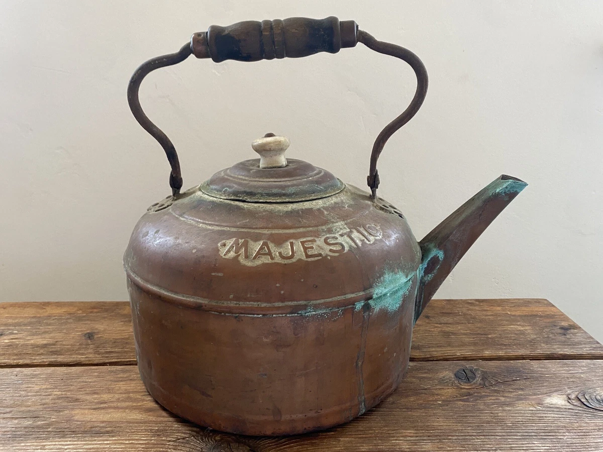 Vintage Rustic Cottage Copper Majestic Metal Teapot Kettle Wooden Handle  Gallon