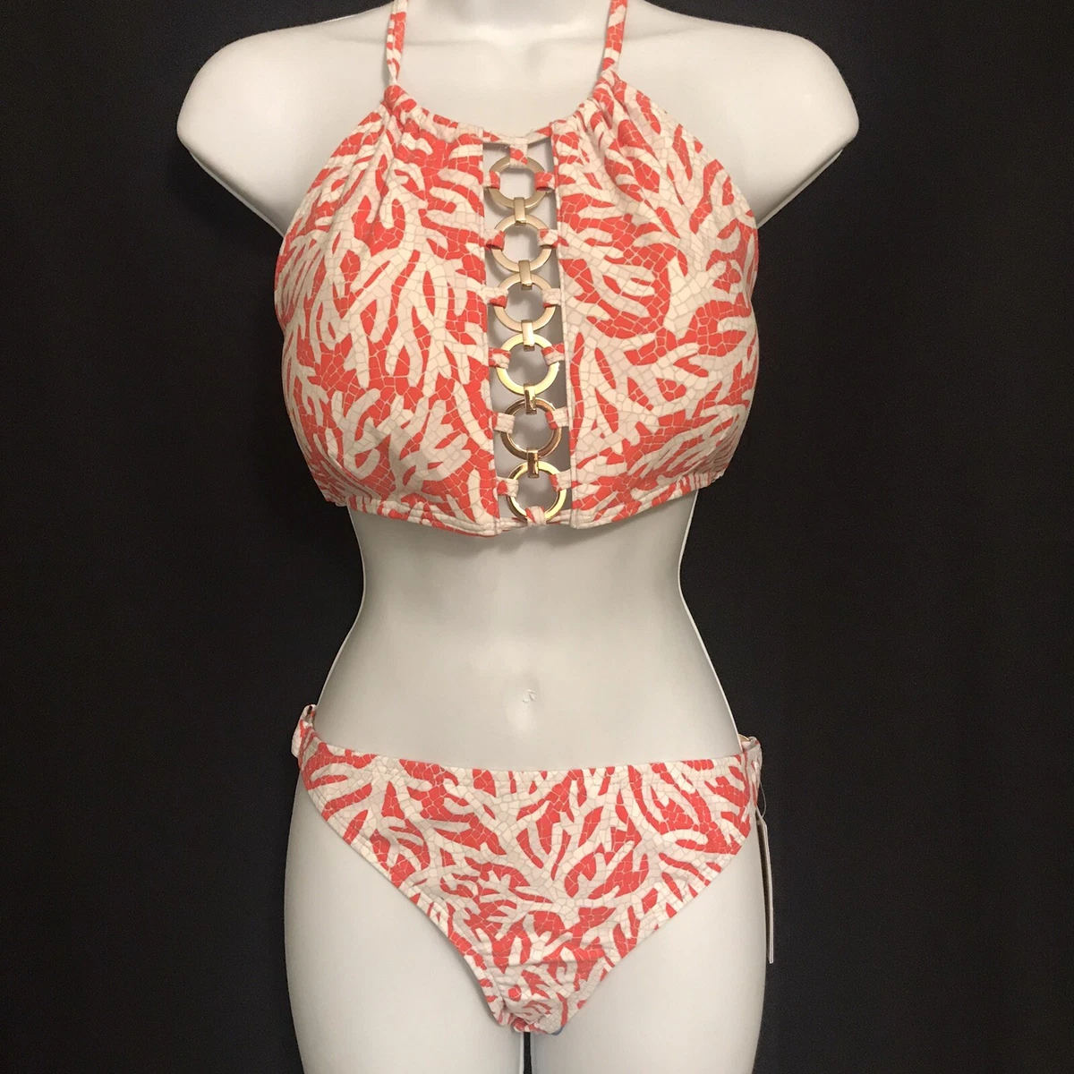 Michael Kors Triangle Ring Bikini Top L & Ring Bikini Bottoms M Sea Coral  Mosaic