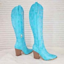 So Me Cruising Brushed Metallic Western Cowgirl Knee Boots Turquoise Blue