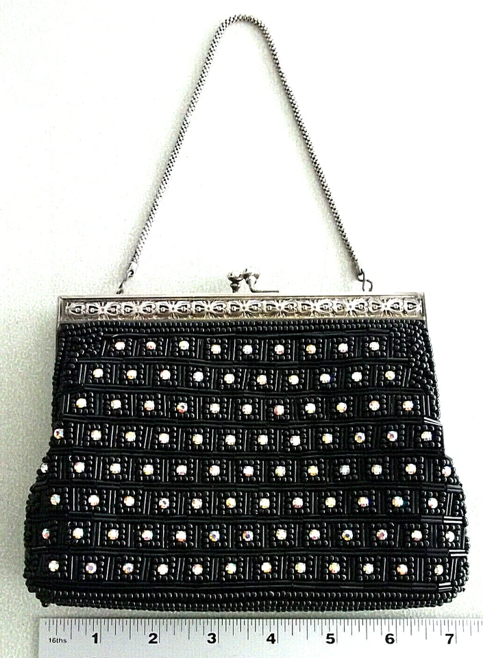 Antique Black BEAD Iridescent CRYSTALS Metal Frame HIDE AWAY CHAIN Clutch Purse - Image 4 of 4