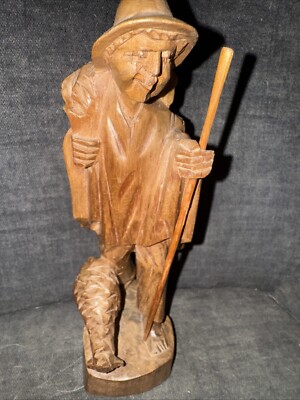 Hand Carved Wooden Sheep Herder With Sheep.  One By His Side, One On Shoulder 