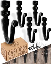 5 Pack Cast Iron Wall Hooks, Handmade Blacksmith, Wall Mounted J Hooks,Farmhouse