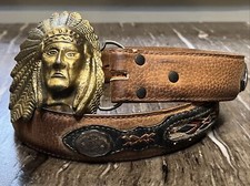 Vintage INDIAN CHIEF Brass Buckle COWBOY MBCI Wrangler Leather Belt Mexico 34