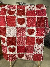 New Throw Size Rag Quilt Handmade Red White Hearts Valentines Cotton