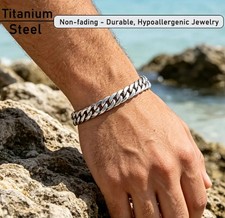 Men's Titanium Steel Curb Link Chain Bracelet w/Box Clasp, 8mm, 8.26 Inch. NIB