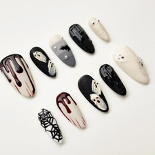 30Pcs Halloween Press on Nails Medium Almond Fake Nails with 3D Blood Drop Bat S