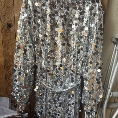 boohoo Silver Sequin V-Neck Long Sleeve Belted Tie Waist Jumpsuit Size S