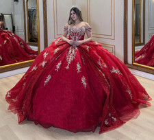 Luxury Red Quinceanera Dresses Off Shoulder Gold Applique Sweet16 Ball Gown