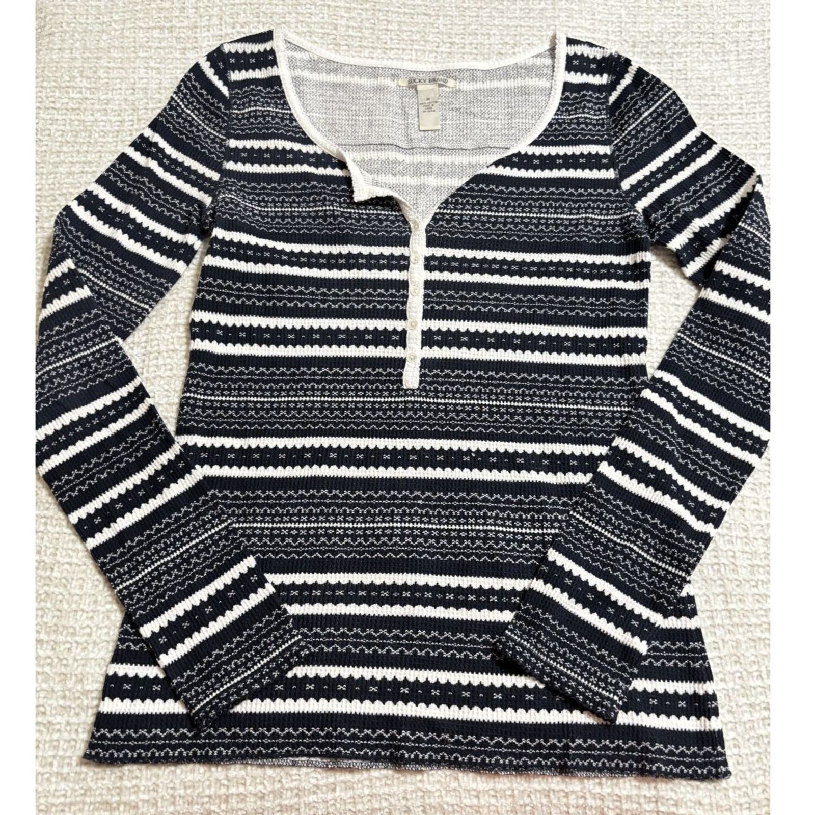 Lucky Brand Boho Stripe Waffle Knit Henley Top Navy Cream Long Sleeve Medium