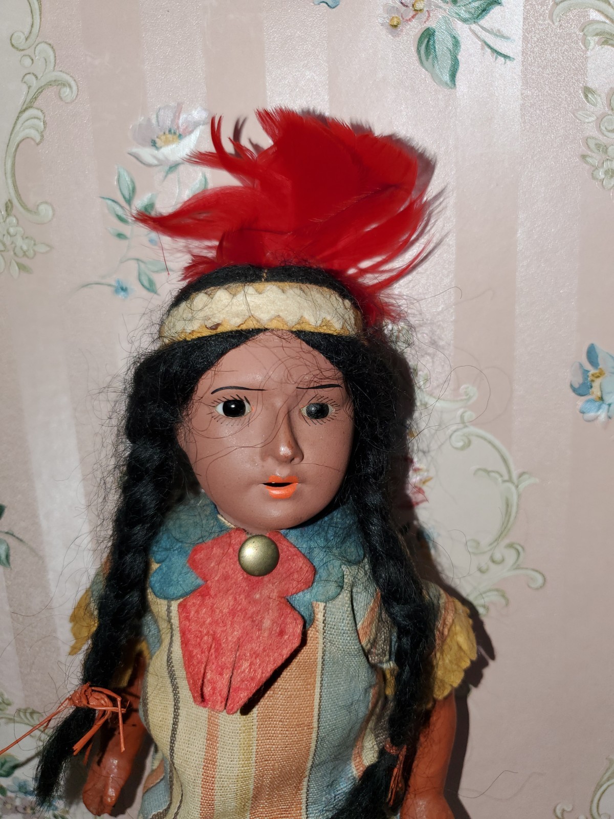 Antique German Bisque 11.5” Native American Indian Doll 15/0 All Original