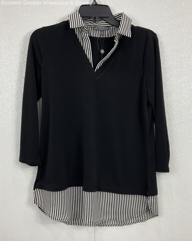 Adrianna Papell Women Top Black Striped Trim 3/4 Sleeve V Neck Knit Shirt XS