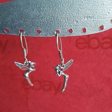Vtg Disney Sterling Silver Dangle Earrings Tinker Bell, Hooks, 1 3/8", Pre-owned