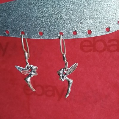 Vtg Disney Sterling Silver Dangle Earrings Tinker Bell, Hooks, 1 3/8'', Pre-owned