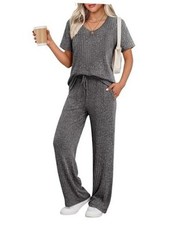 Women's 2 Piece Lounge Set Casual Summer Outfits Ribbed Short Medium Grey