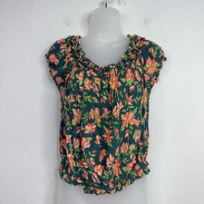 FP One Shirt Womens L Colorful Floral Suki Off The Shoulder Ruffled Boho Resort