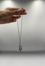 Artisan Red Crystal Beaded Pendant Necklace Gunmetal Wire Wrapped Chandelier