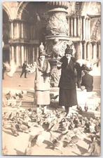 Vintage Venice St Mark's Square Pigeons & Ladies 1920s RPPC Postcard