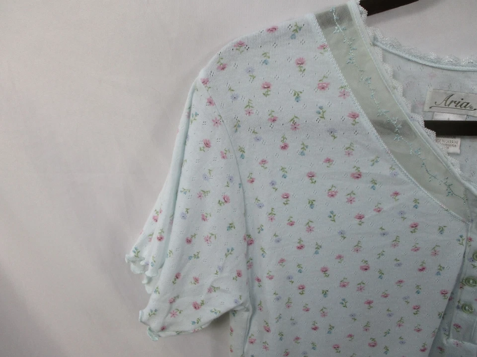 Camisón Aria Mujer Pequeño Azul Floral Cuello en V Botón Corto Manga Corta Algodón Foto 3 de 4