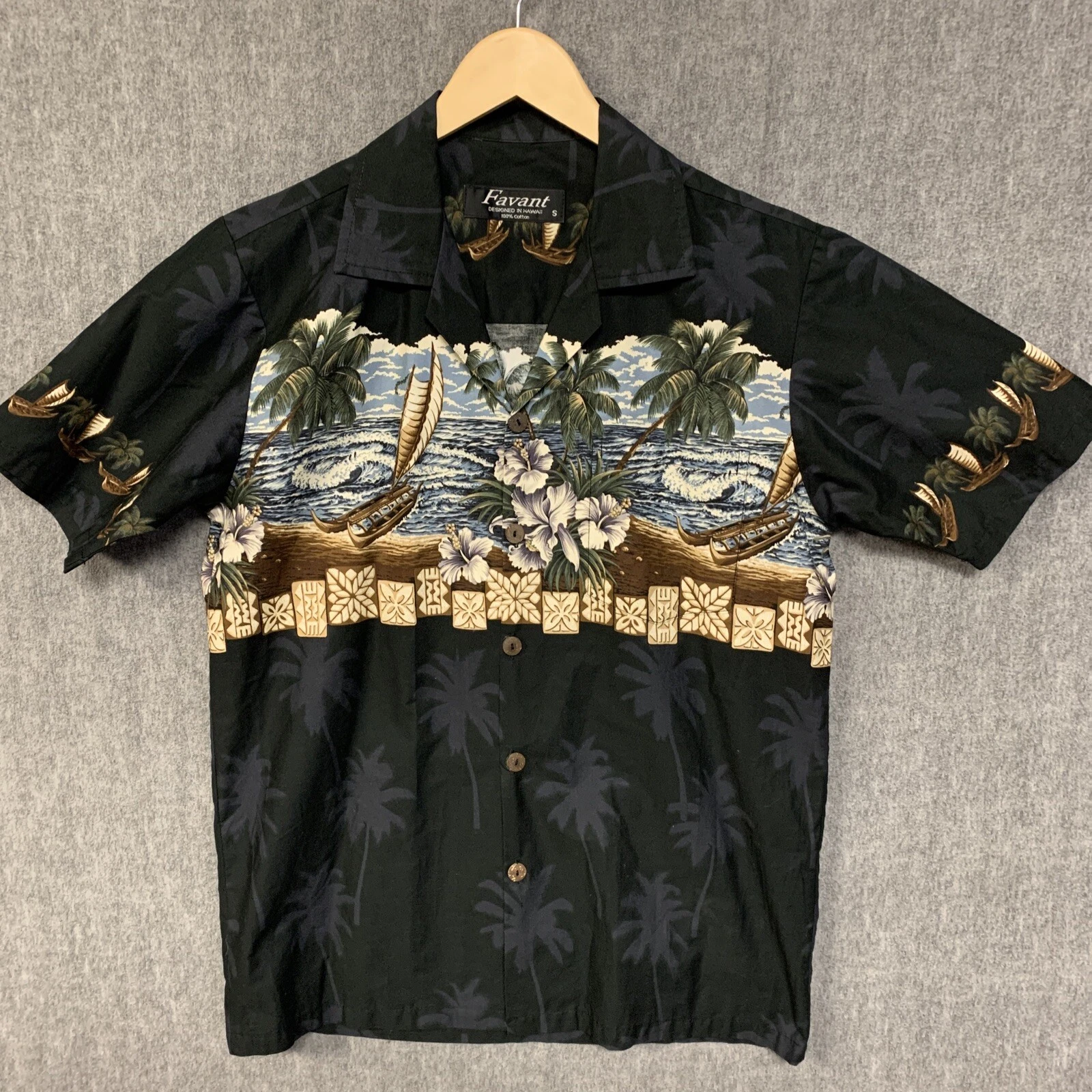 Favant Hawaiian Shirt Mens Small Black Tropical Aloha Cruise Short Sleeve