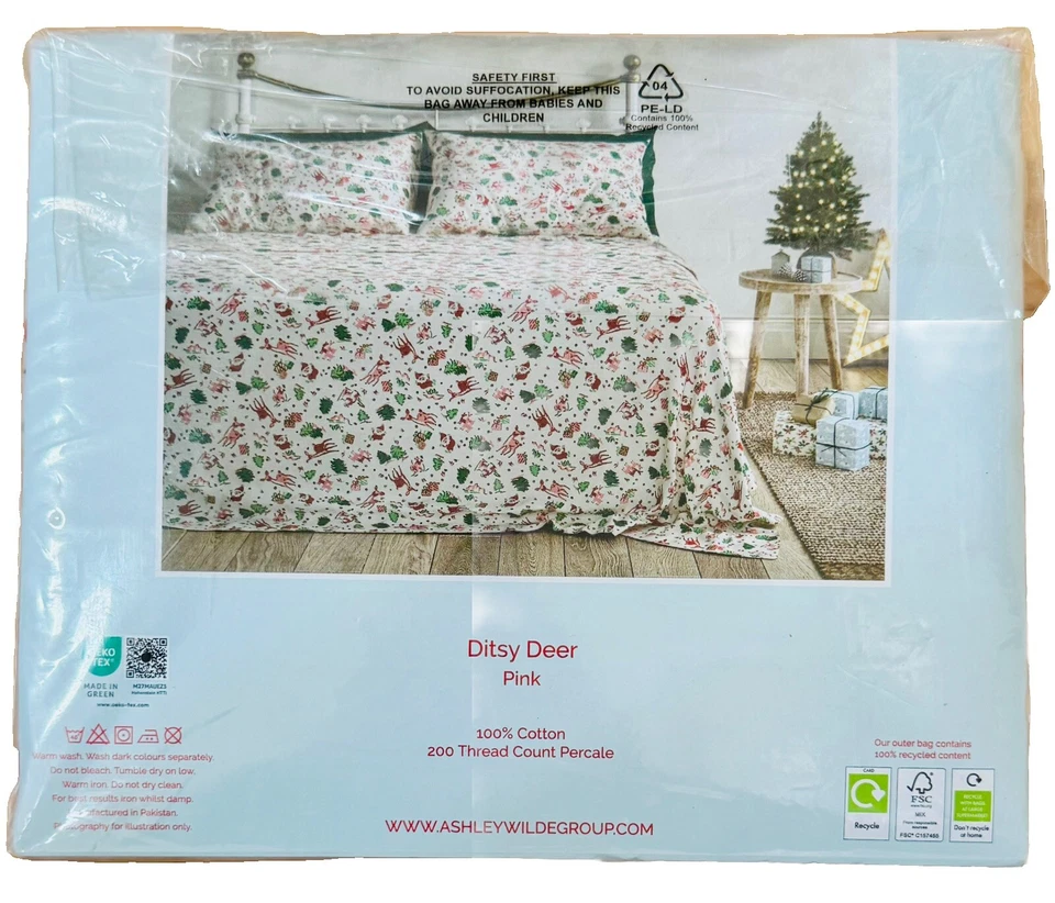 Cath Kidston London Ditsy Deer King Sheet Set Cotton Christmas Holiday NEW - Image 2 of 2