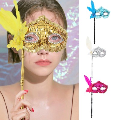 1PCS Masquerade Masque Glitter Masquerade Eye Mask With Stick For Dancing Party