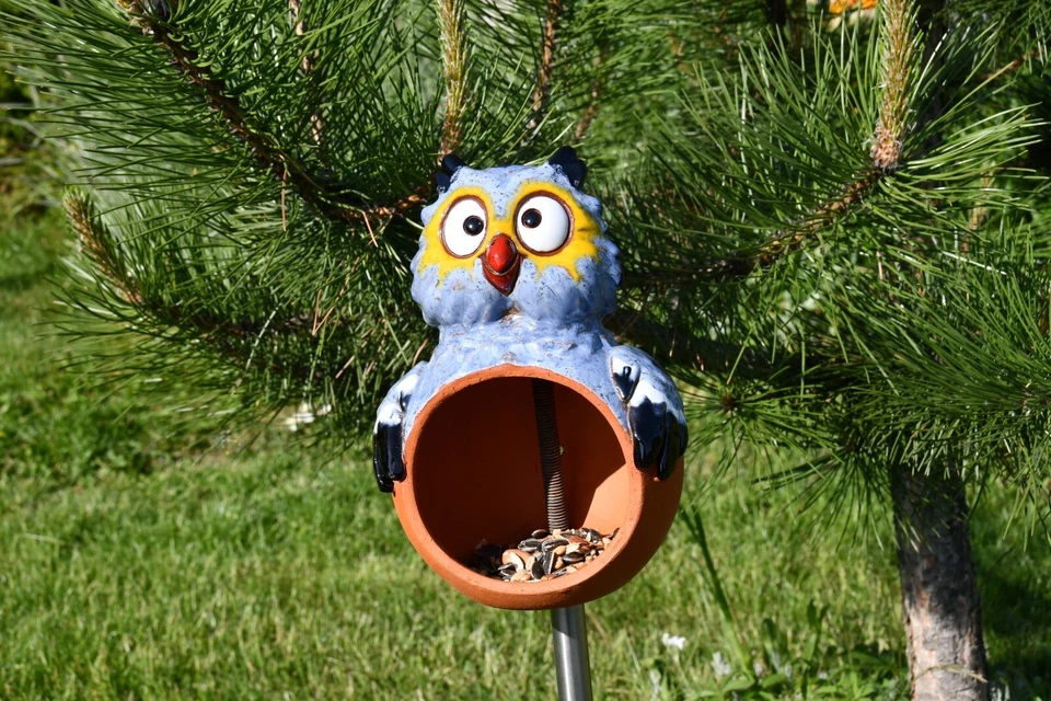 Cerámica Decoración Jardín, Búho Césped Estaca - Alimentador Pájaros Exterior Estatua H 19cm Foto 2 de 4