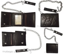 Men's genuine leather trifold chain wallet motorcycle trucker biker black wallet