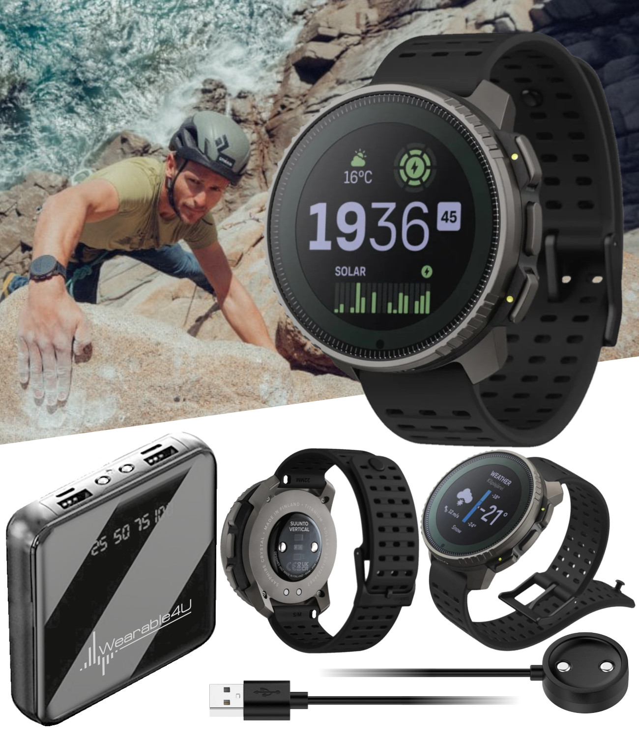 SUUNTO Vertical Adventure GPS Solar Titanium Watch All Black with Power Bank