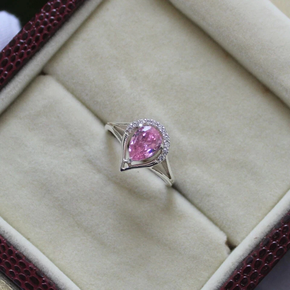 Pear Cut Pink Sapphire Engagement Ring Women's Ring 925 Silver Lab-Created - image 4 of 4