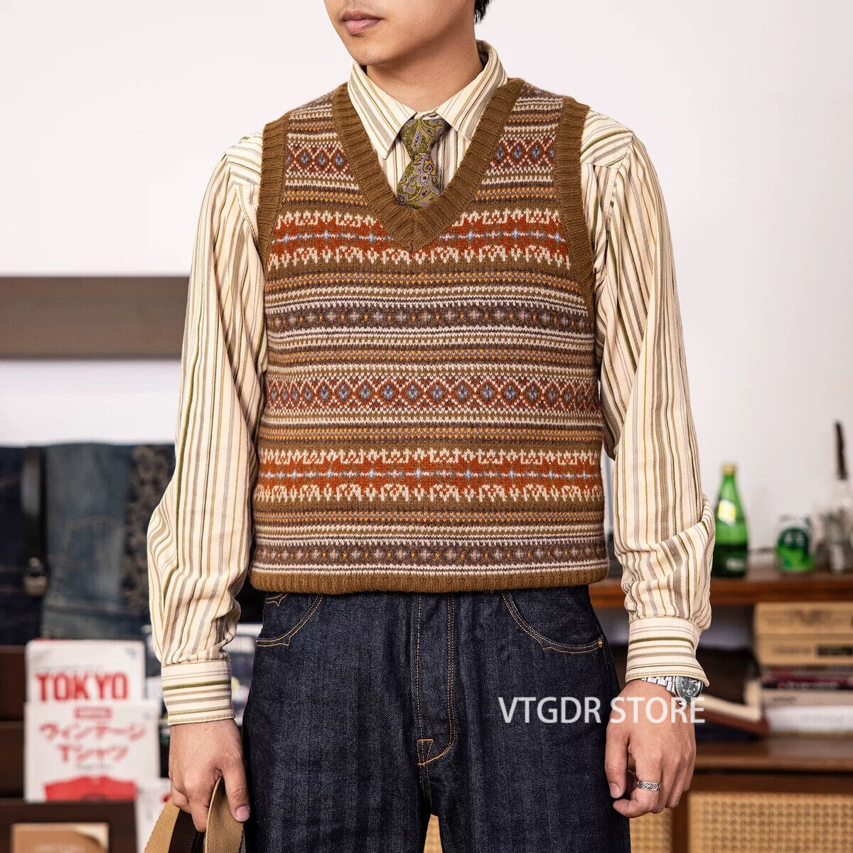 Red Tornado Fair Isle Wool Sweater Vest Heritage Style Red Tornado Fair Isle Wool Sweater Vest Heritage Style