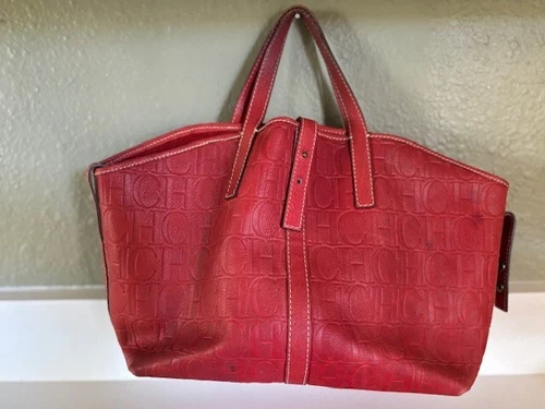 Carolina Herrera Red Embossed Leather CH logo Handbag