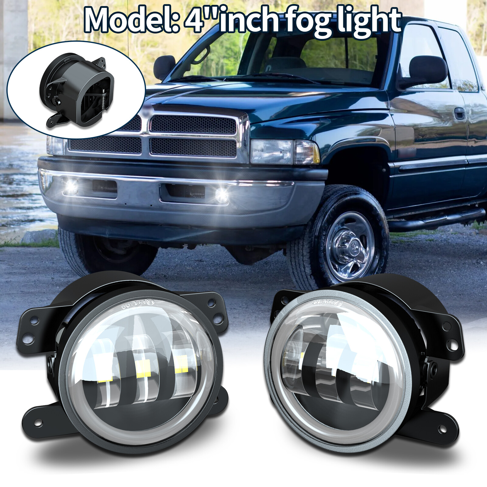 2x4 Inch White/Yellow Halo 6000K Fog Lights for 94-01 Dodge Ram 1500 2500 3500  